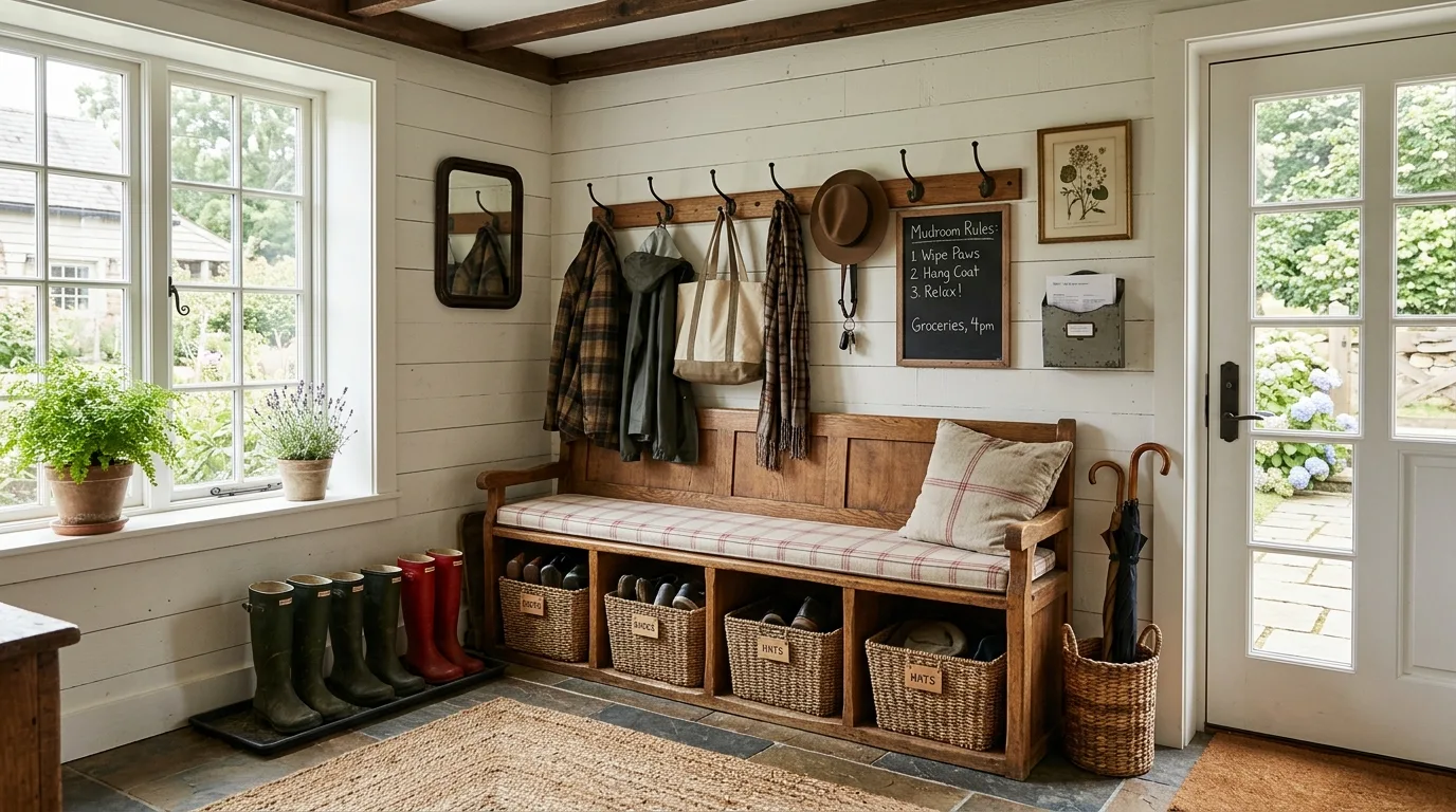 Keep baskets underneath for smaller loose items inspiration for a mudroom entryway.